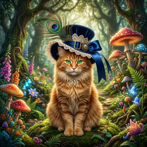 Fluffy Ginger Cat with Vibrant Green Eyes in Peculiar Hat
