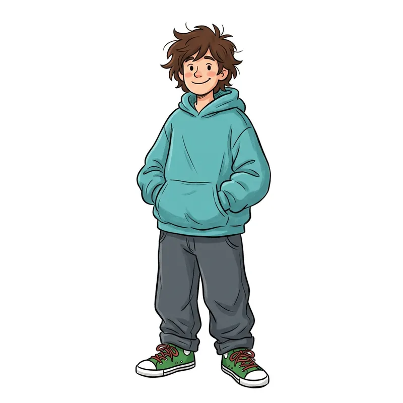 Messy Brown Hair Character in Oversized Turquoise Hoodie
