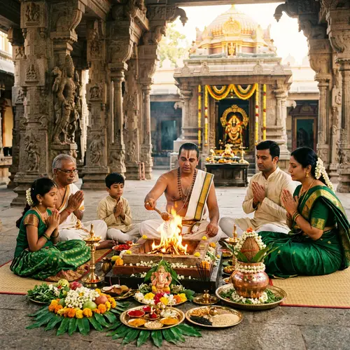South Asian Purohit Performing Hawan Ritual in Temple with Devotee Family
