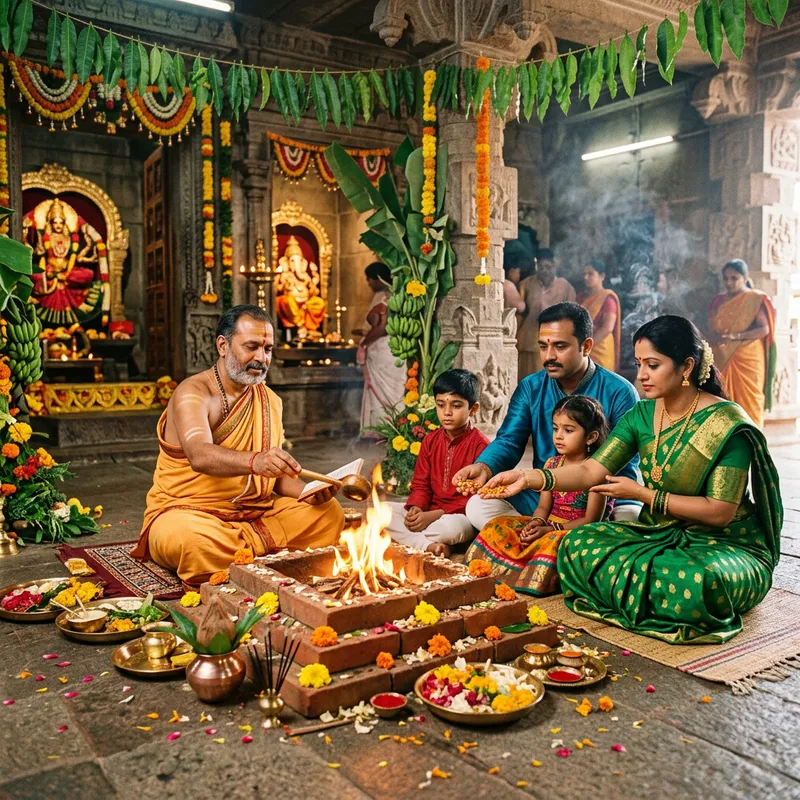 Traditional Indian Pandit Performing Hawan Ritual in Temple with Devotee Family and Floral Decor