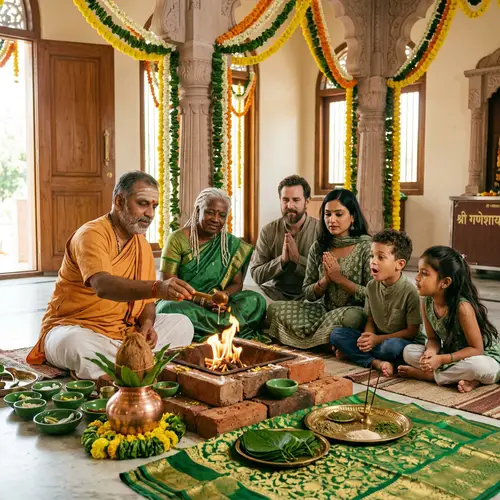Traditional Pandit Performing Hawan Ritual in Adorned Temple