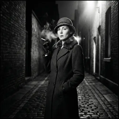 Elegant 1920s Fashion in a Shadowy Alley