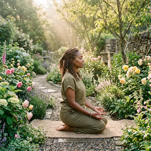 Tranquil Black Woman Meditating in Serene Garden