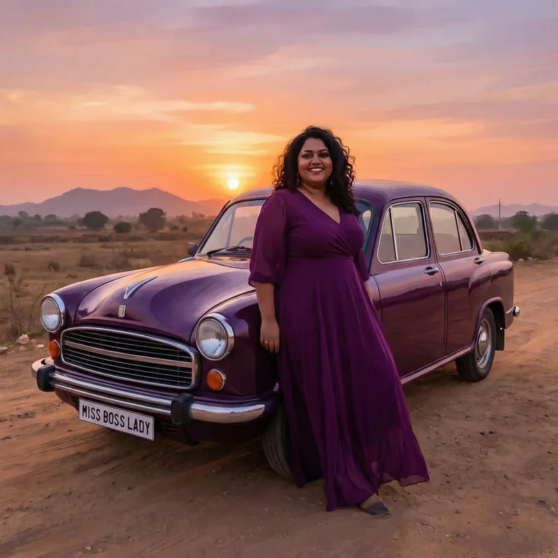 Celebrating Body Diversity: South-Asian Plus-Size Lady in Purple Dress