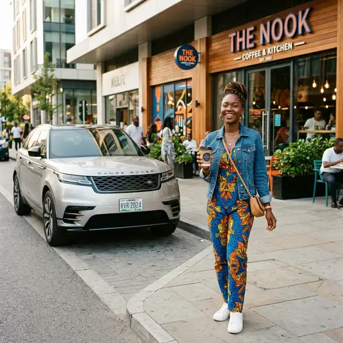 Optimistic Young African Lady with Coffee and Range Rover at Urban Restaurant