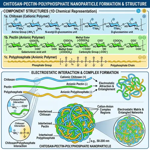 1D Structure of Chitosan-Pectin-Polyphosphate Nanoparticles