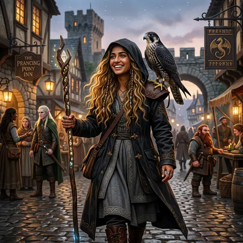 Young South Asian Woman Wizard with Falcon in Classic Fantasy Setting