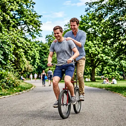 Two Men Balancing on a Monocycle in the Park