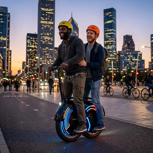 Two Men Ride on an Electric Mono-Wheel