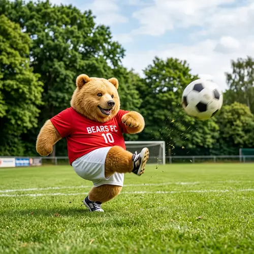 Chubby Soccer-Playing Bear in Action | Playful Wildlife Image