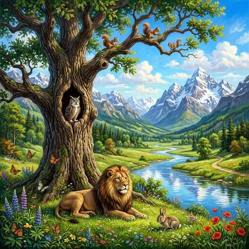 Nature's Diverse Elements: A Lush Valley with Snow-Capped Peaks