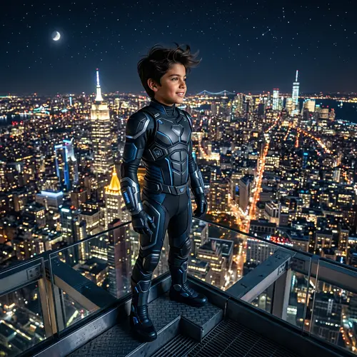 Stylish Hispanic Boy in Futuristic Supersuit on Skyscraper