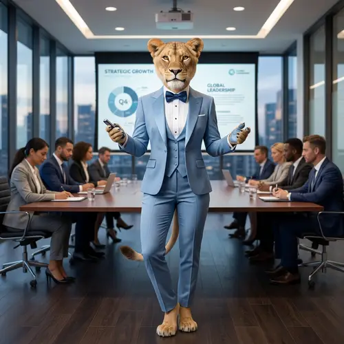 Elegant Female Lion in Light Blue Tuxedo