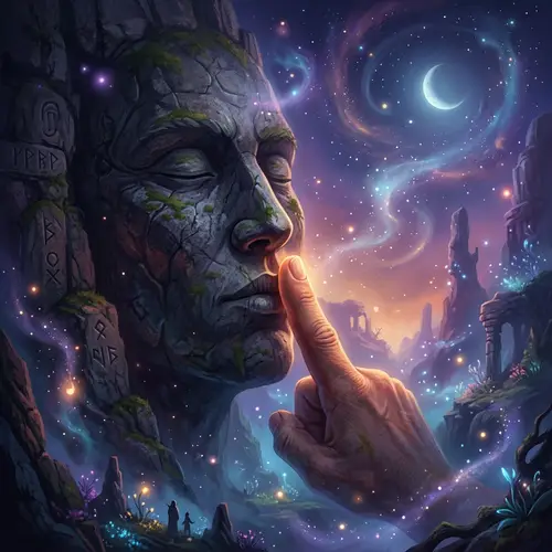 Surreal Ambient Scene with Giant Finger and Stoney Face