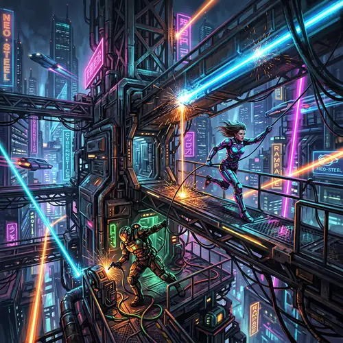 Vibrant Cyberpunk Sci-Fi Art with Laser Dynamics