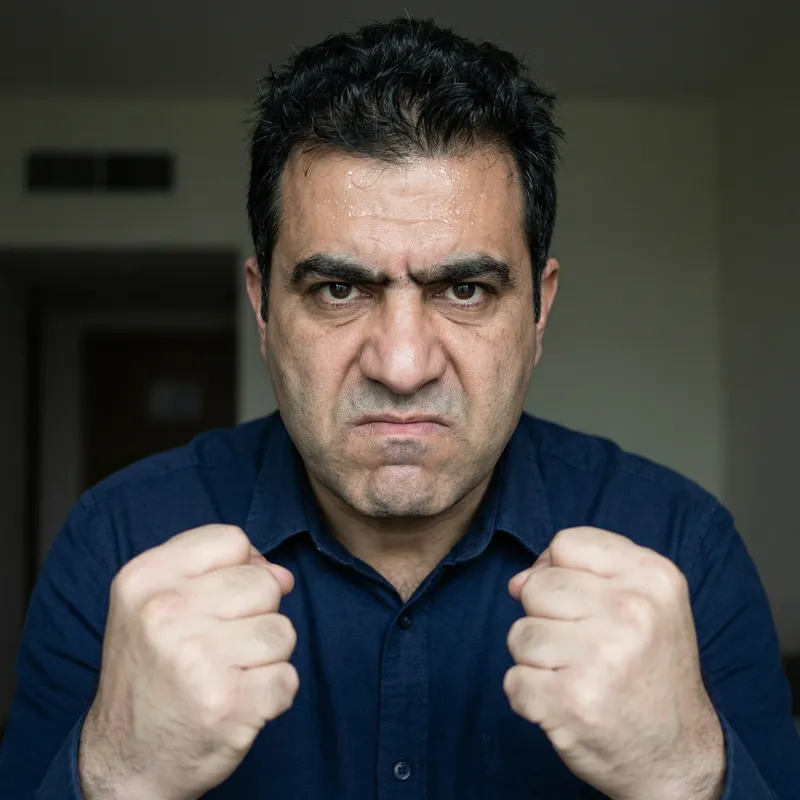 Intense Anger: Powerful Middle-Eastern Man in Navy Blue Shirt