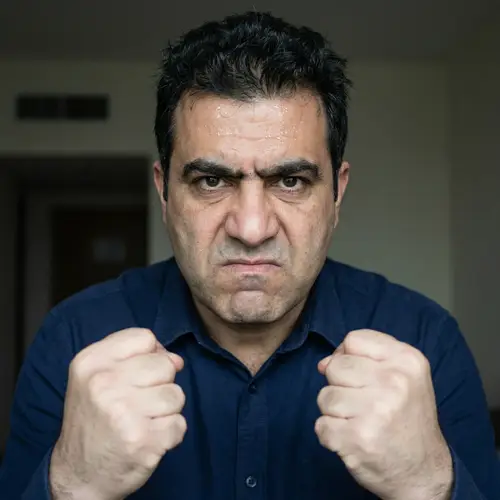 Intense Anger: Portrait of Middle-Eastern Man in Navy Blue Shirt