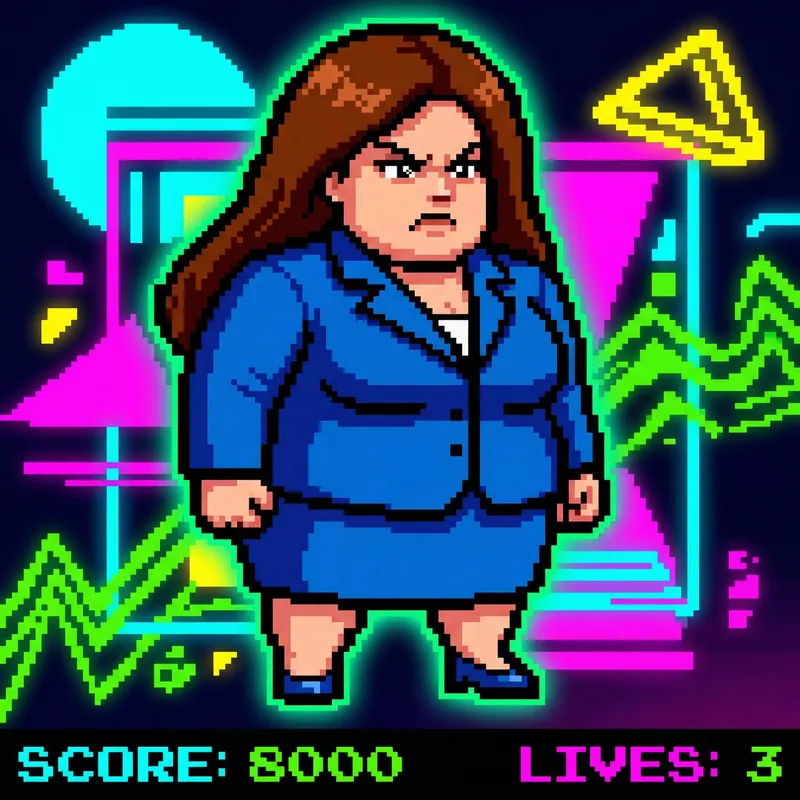 80s Retro Video Game Character: Large White Woman in Blue Suit