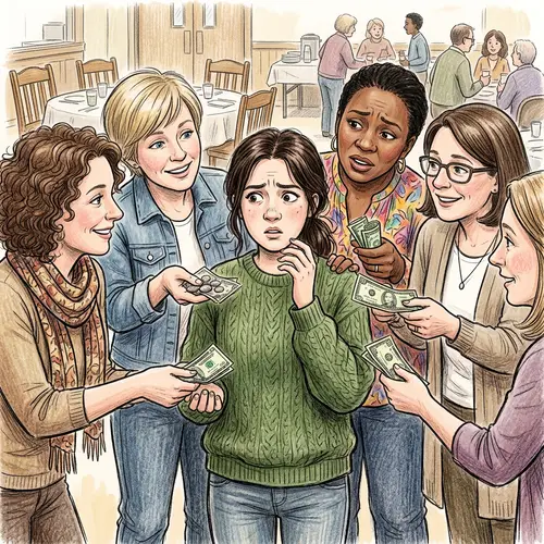 Confused Young Woman Surrounded by Older Women