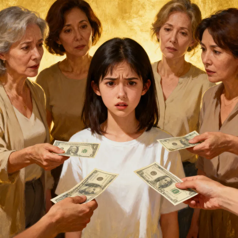 Confused Young Woman Surrounded by Older Women