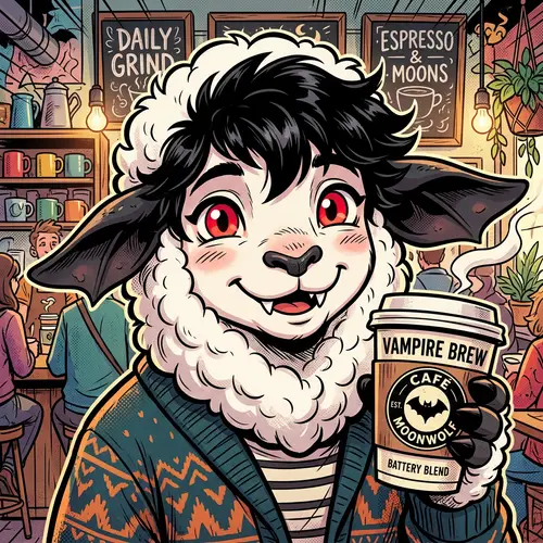 Whimsical Sheep Fursona with Black Bat Ears and Cherry Red Eyes