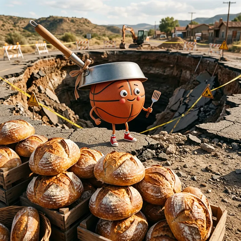Unique Basketball with Pan Hat, Sinkhole, and Sourdough Pile