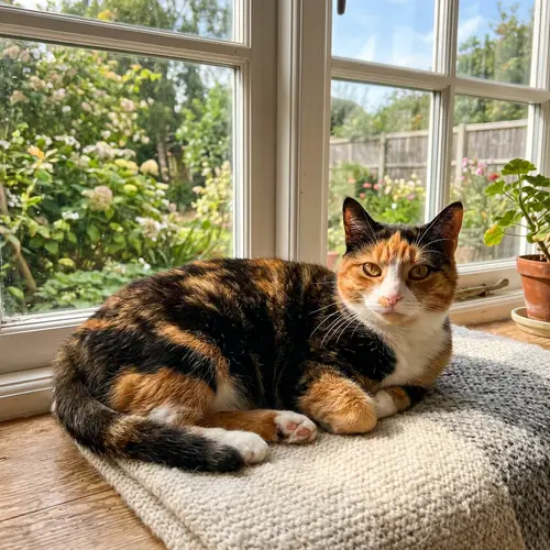 Detailed Image of Calico Cat Lounging on Sunlit Window Sill