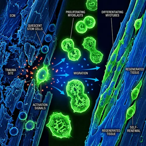 Stem Cell Regeneration Process: Scientific Illustration in Neon Green & Electric Blue