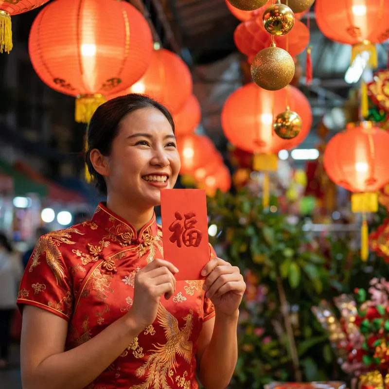 Vibrant Chinese New Year Celebration in Red Qipao