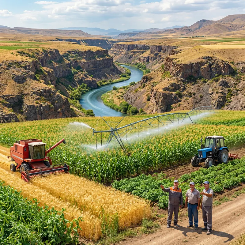 Agricultural Scene: Vibrant Field with Corn, Barley, Peas, and Beans