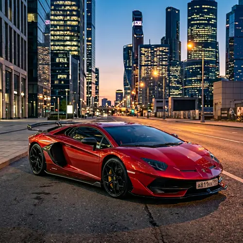 Luxury Red Lamborghini Sports Car | Urban Street Skyscraper Scene
