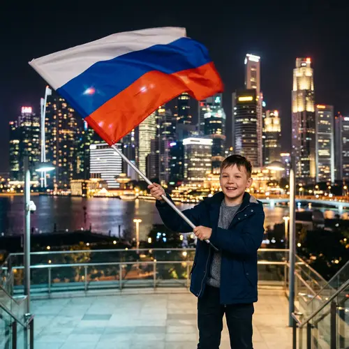 Young Boy Waving Russian Flag at Night - Cityscape Backdrop