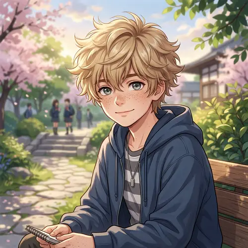 Anime-style Illustration of 14-Year Old Boy with Fluffy Dirty Blonde Hair