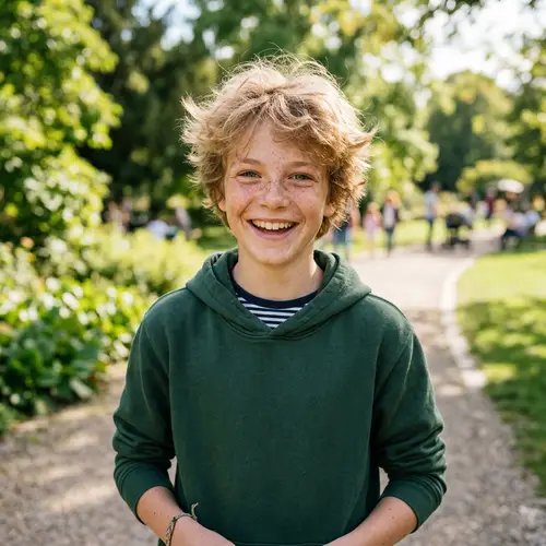 Cheerful 14-Year-Old Caucasian Boy with Fluffy Dirty Blonde Hair and Freckles