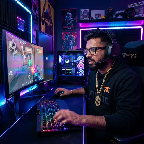 Hyper-Realistic Mahadev Gamer with Gold Dollar Necklace Playing Computer Games