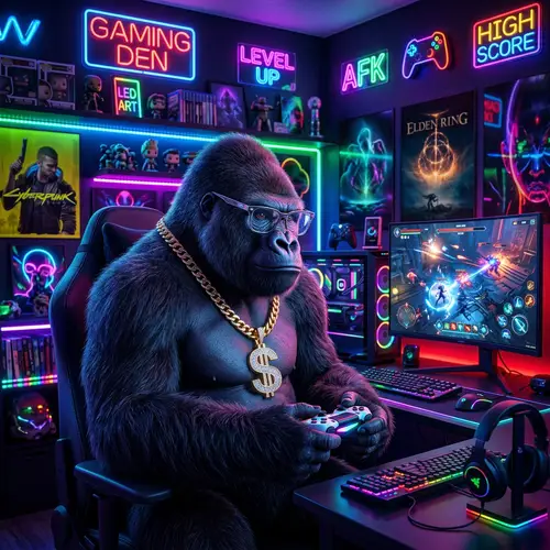 Realistic Gorilla Gamer with Golden Necklace in Neon Room