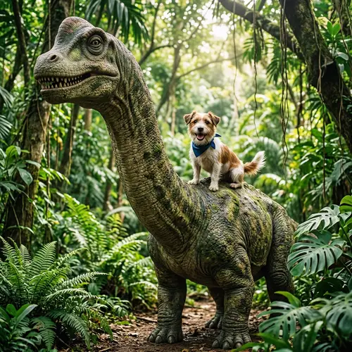 Jovial Dog and Colossal Dinosaur: Heartwarming Companionship in Jungle