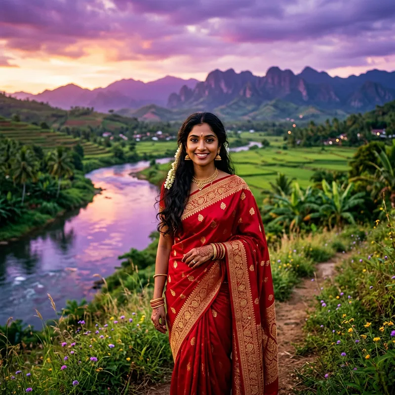 Beautiful Woman in Red Sari with Golden Embroidery Beautiful Woman in Red Sari with Golden Embroidery