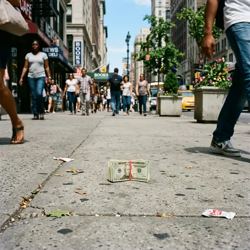 Bustling Urban Street Scene with Diverse People and Unexpected Find