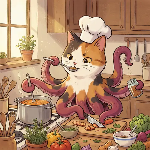 Octopus Cat Cooking: Animated Illustration in Cozy Kitchen