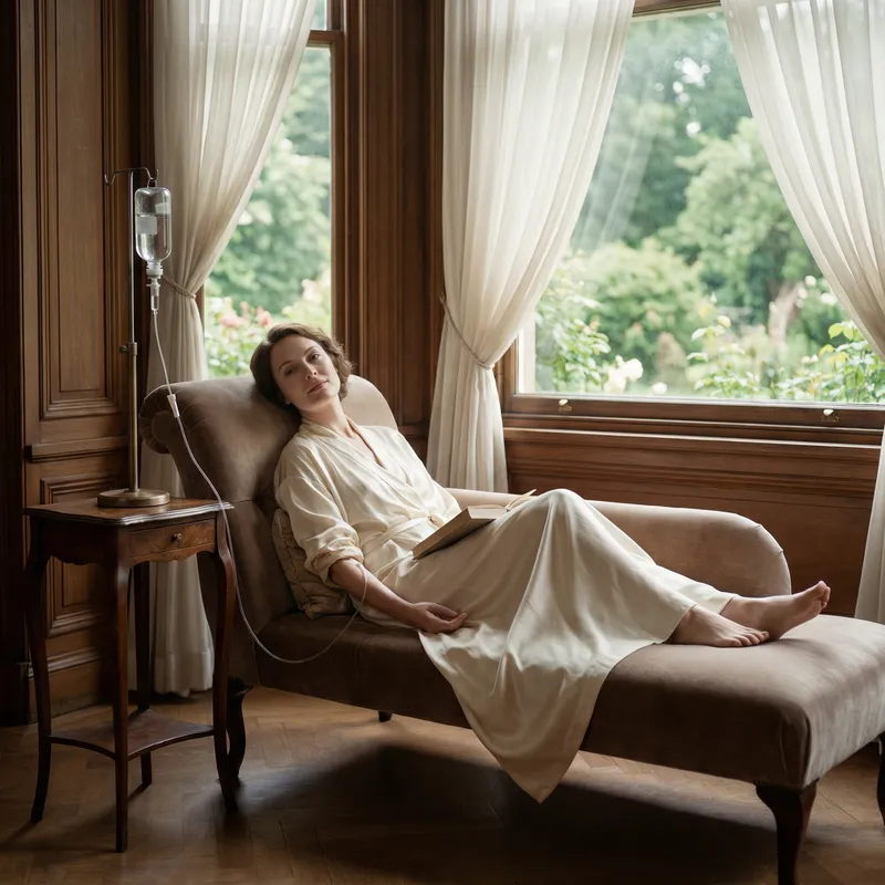 Elegant White Woman Receiving IV Therapy in Luxurious Spa Elegant White Woman Receiving IV Therapy in Luxurious Spa