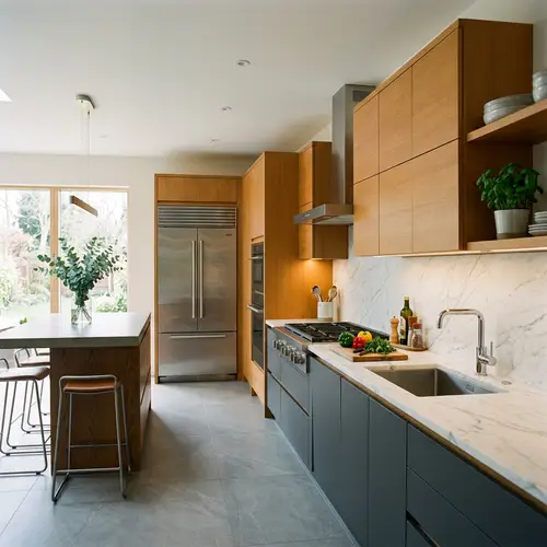 Modern Modular Kitchen Design with Marble Countertop and Stainless Steel Appliances