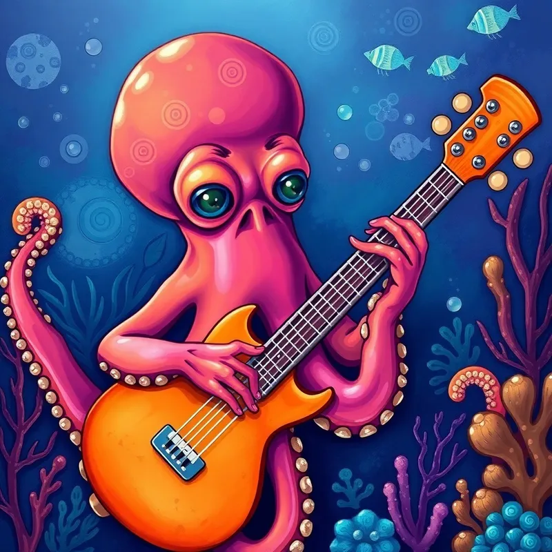 Whimsical Octopus Musician Underwater Scene Whimsical Octopus Musician Underwater Scene