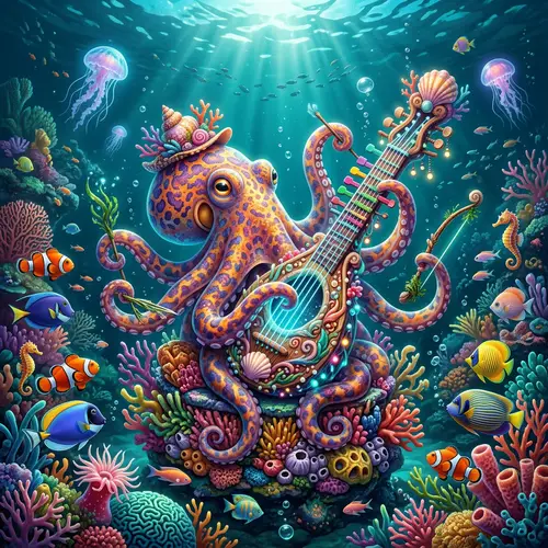 Whimsical Octopus Musician Underwater Scene