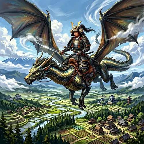 South Asian Female Samurai Riding Dragon | Noble Aura & Majestic Creature