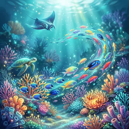 Whimsical Underwater Scene with Vibrant Coral Reefs and Colorful Fish