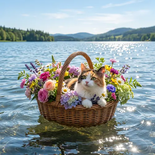 Adorable Cat in Flower-Filled Basket on Serene Lake