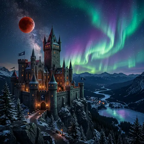 Red Moon Eclipse & Aurora Borealis Over Castle