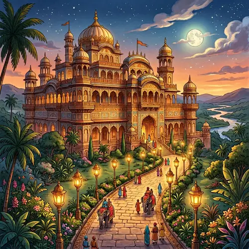 Ornately Decorated Hindu Palace with Long Walkway