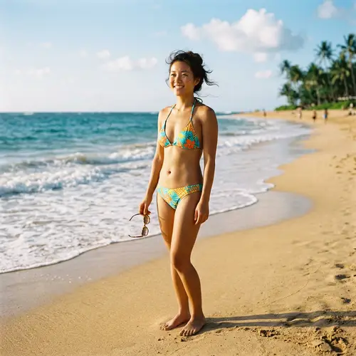 Chinese Woman in Bikini on Sandy Beach